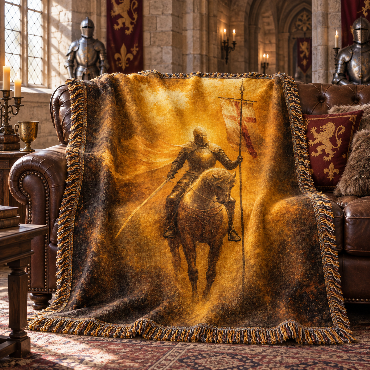 Golden Crusader Knight Woven Blanket, Medieval Knight on Horseback Woven Blanket | Templar Crusader Throw
