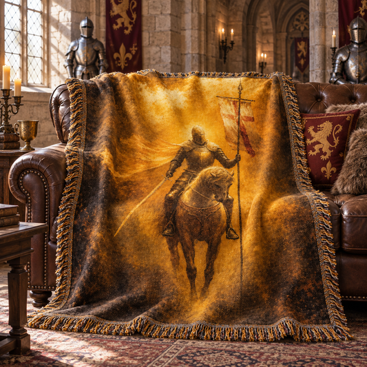 Golden Crusader Knight Woven Blanket, Medieval Knight on Horseback Woven Blanket | Templar Crusader Throw