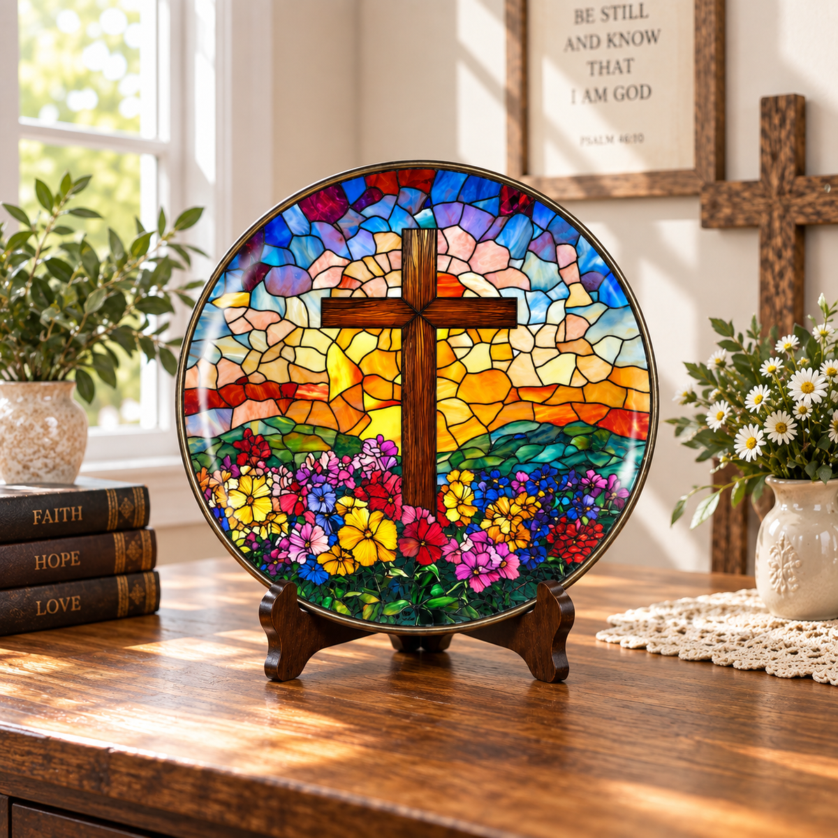 Stained Glass Cross Decorative Plate – Christian Sunburst Garden Keepsake, Radiant Cross & Flower Mosaic Plate – Faith-Based Home Gift