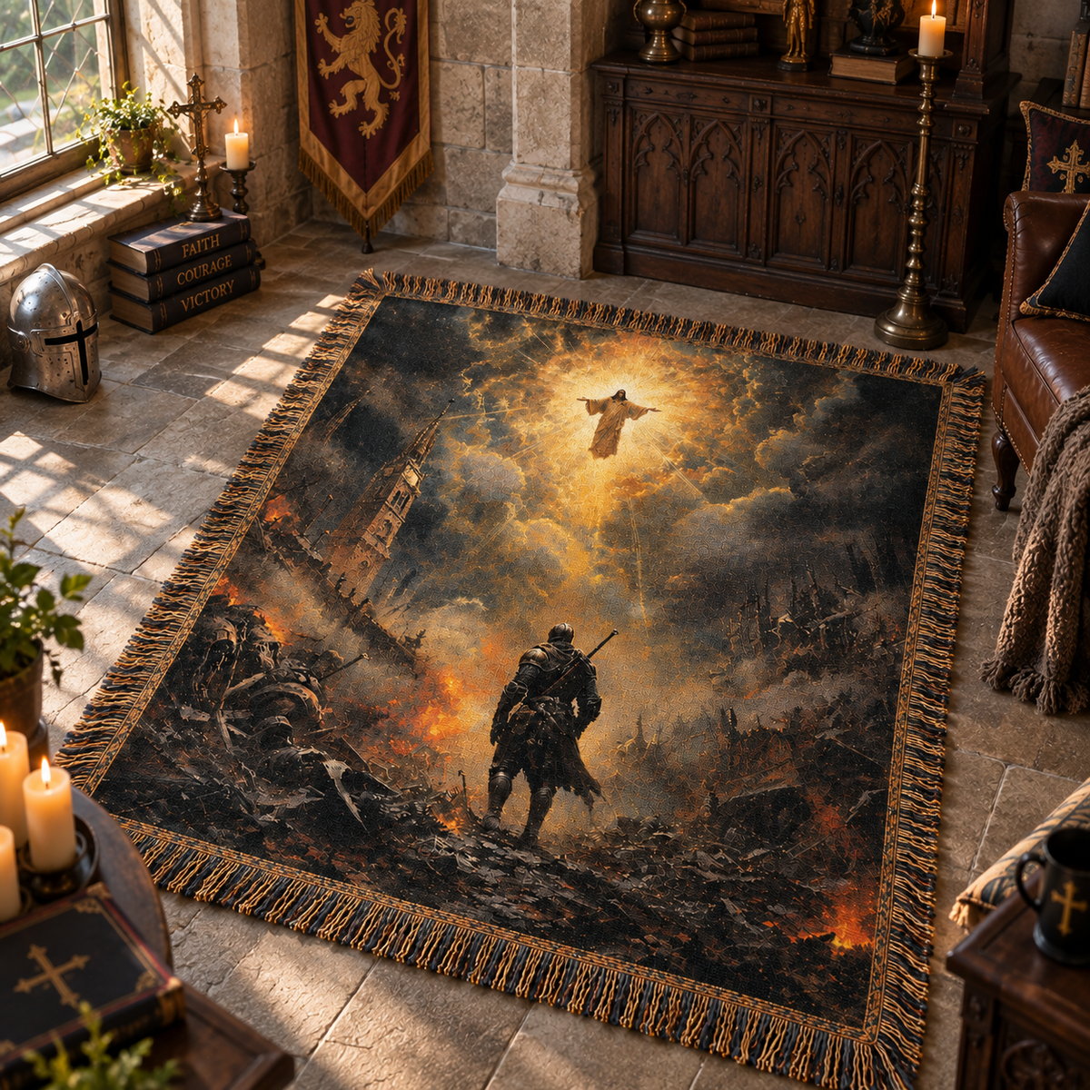Medieval Knight & Divine Light Woven Blanket, Armor of God Knight Woven Tapestry Throw – Christian Warrior Gift