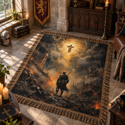 Medieval Knight & Divine Light Woven Blanket, Armor of God Knight Woven Tapestry Throw – Christian Warrior Gift