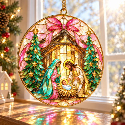 Stained Glass Holy Family Christmas Suncatcher– Nativity Suncatcher, Christian Religious Hanging Decor