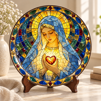 Immaculate Heart of Mary Stained Glass Plate, Sacred Heart Mother Mary Collector Plate