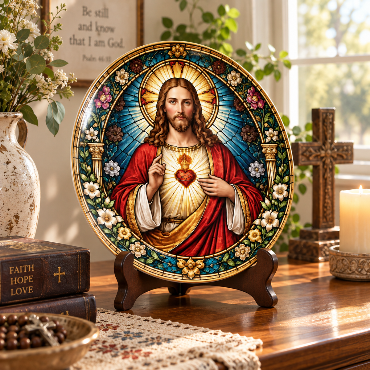 Sacred Heart of Jesus Stained Ceramic Plate Decor, Catholic Religious Wall Art