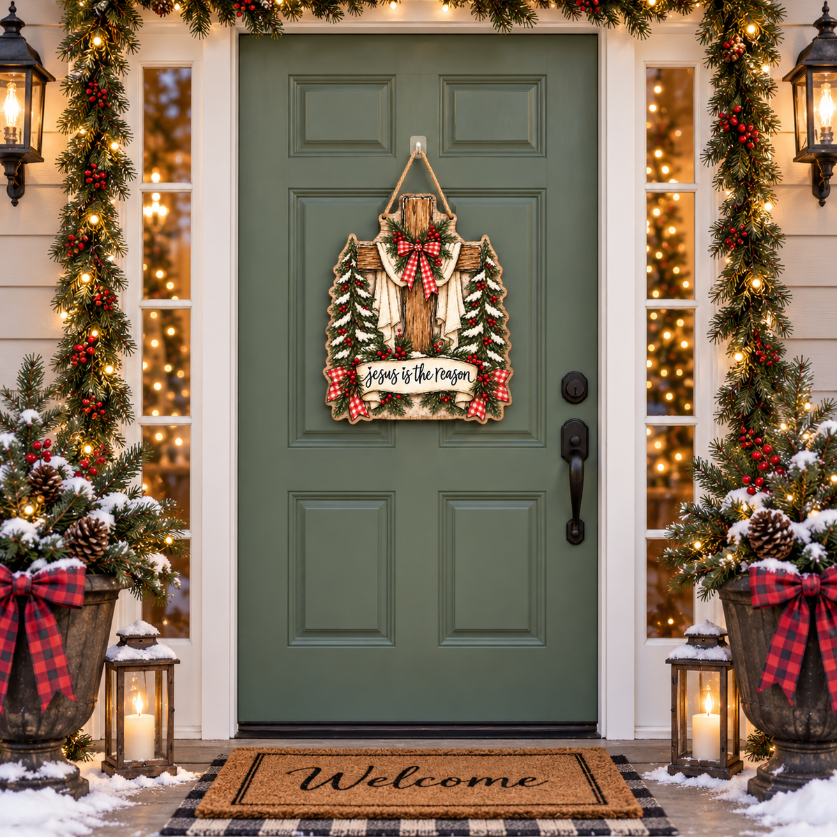 Jesus Is the Reason Christmas Wooden Sign – Christian Christmas Door Sign, Religious Front Door Decor, Rustic Holiday Wreath, Faith Christmas Gift