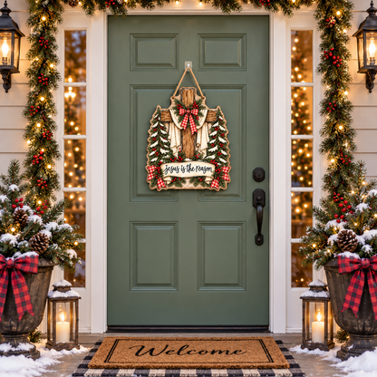 Jesus Is the Reason Christmas Wooden Sign – Christian Christmas Door Sign, Religious Front Door Decor, Rustic Holiday Wreath, Faith Christmas Gift