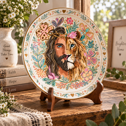 Jesus and Lion Ceramic Plate, Christian Religious Wall Art, Faith Decor