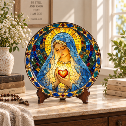Immaculate Heart of Mary Stained Glass Plate, Sacred Heart Mother Mary Collector Plate
