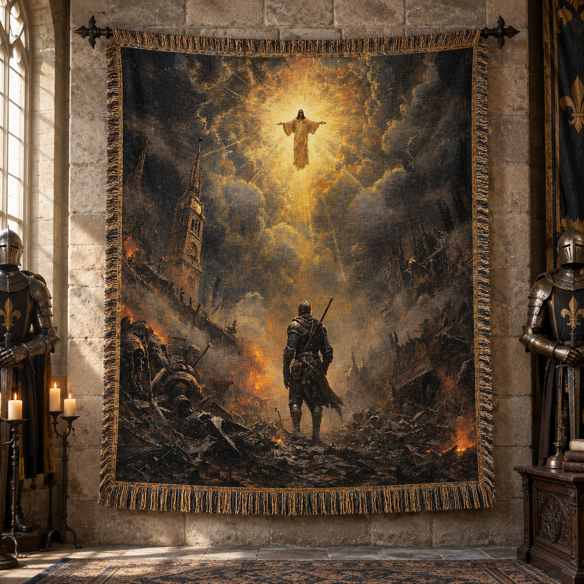 Medieval Knight & Divine Light Woven Blanket, Armor of God Knight Woven Tapestry Throw – Christian Warrior Gift