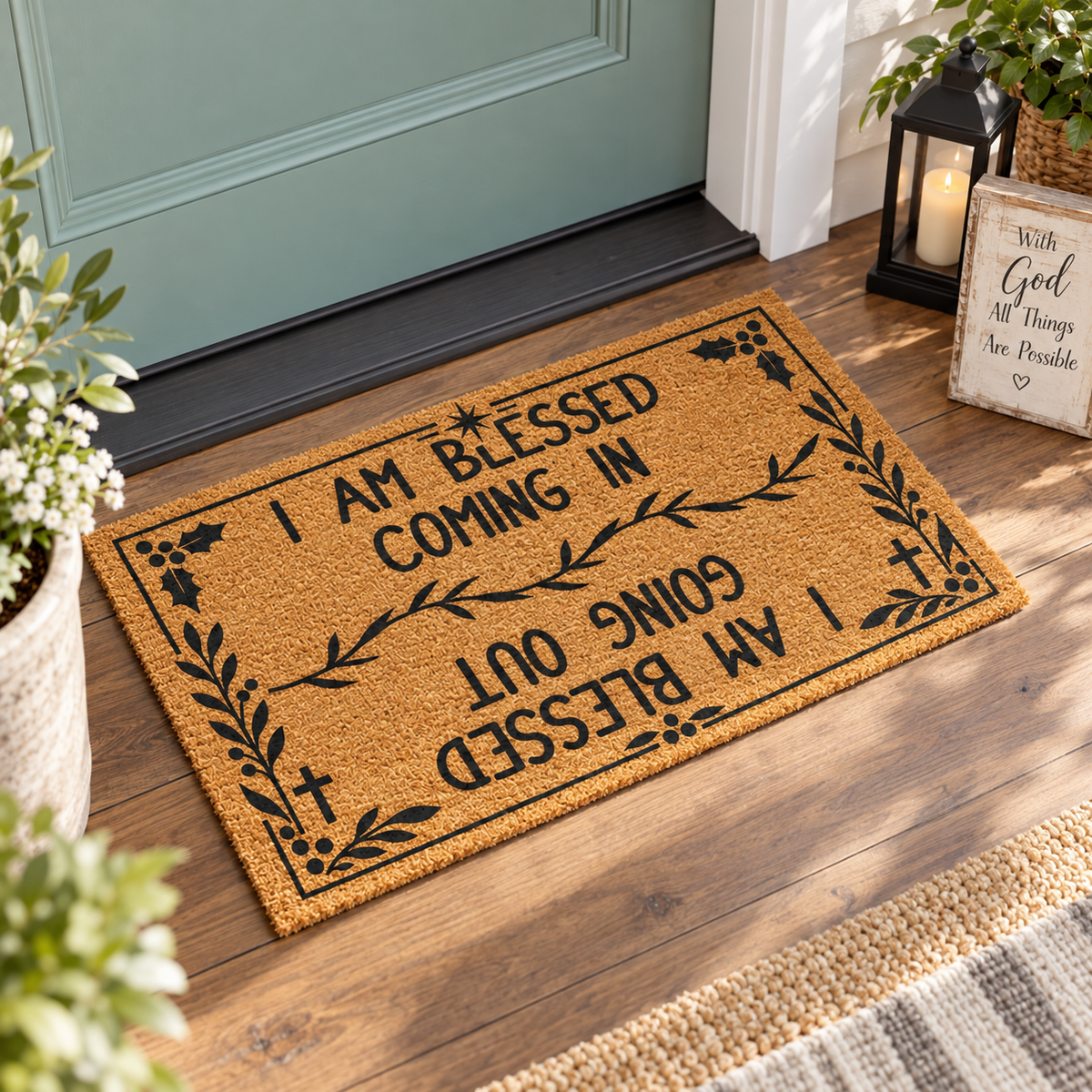 I Am Blessed Coming In & Going Out Doormat – Christian Coir Mat, Religious Porch Welcome Mat