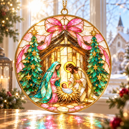Stained Glass Holy Family Christmas Suncatcher– Nativity Suncatcher, Christian Religious Hanging Decor