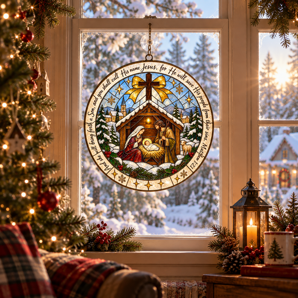Matthew 1:21 Scripture Nativity Suncatcher | Christmas Window Decor, Christian Christmas Gift