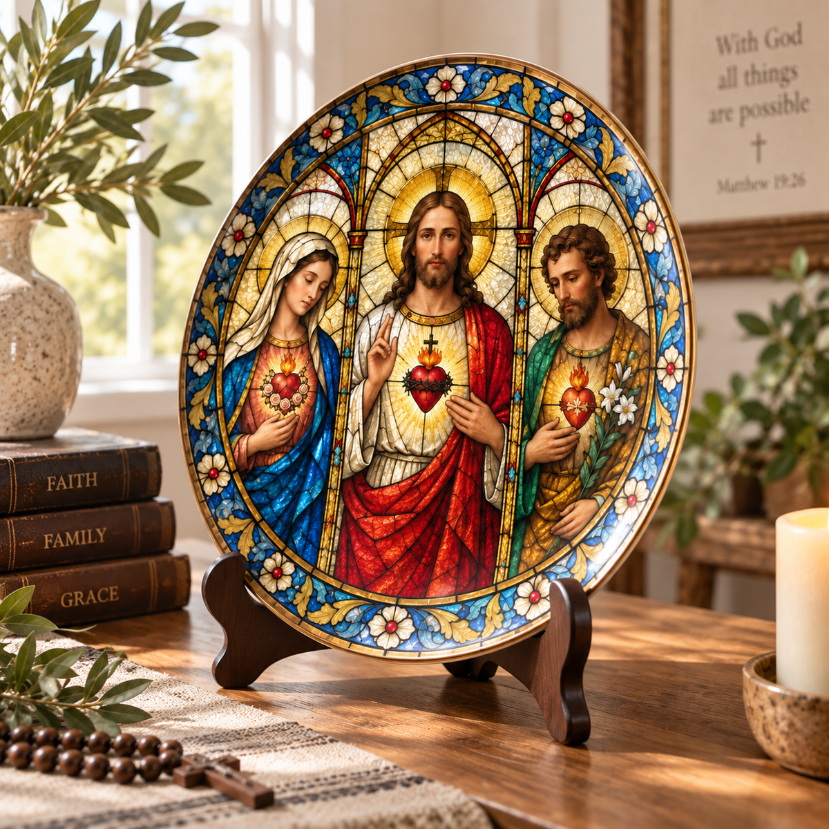 Holy Family Stained Glass Plate | Sacred Heart Jesus Mary Joseph Decor