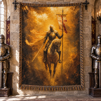 Golden Crusader Knight Woven Blanket, Medieval Knight on Horseback Woven Blanket | Templar Crusader Throw