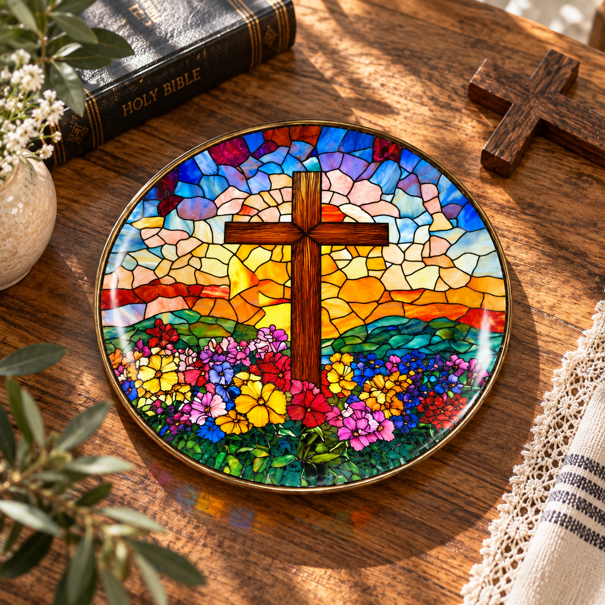 Stained Glass Cross Decorative Plate – Christian Sunburst Garden Keepsake, Radiant Cross & Flower Mosaic Plate – Faith-Based Home Gift