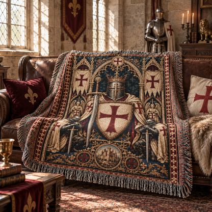 Knights Templar Heraldic Woven Blanket – Medieval Armor Throw, Gothic Templar Cross Blanket