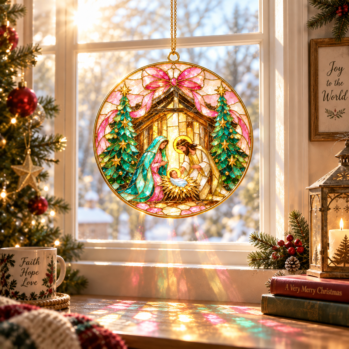 Stained Glass Holy Family Christmas Suncatcher– Nativity Suncatcher, Christian Religious Hanging Decor