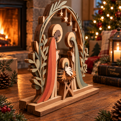 3D Layered Wooden Nativity Scene Plaque – Holy Family Tabletop Decor, Rustic Christian Christmas Home Decor