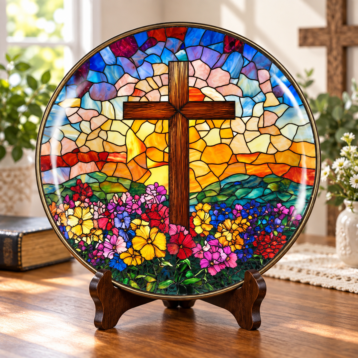 Stained Glass Cross Decorative Plate – Christian Sunburst Garden Keepsake, Radiant Cross & Flower Mosaic Plate – Faith-Based Home Gift