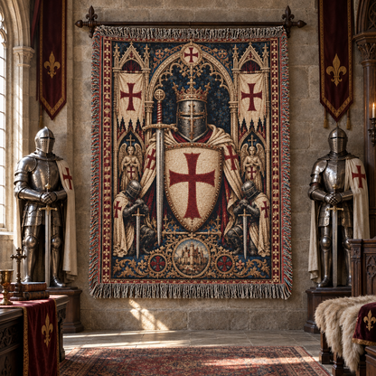 Knights Templar Heraldic Woven Blanket – Medieval Armor Throw, Gothic Templar Cross Blanket