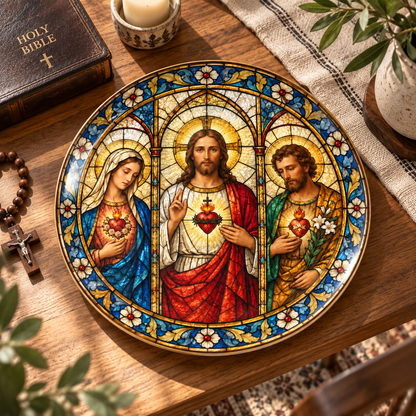 Holy Family Stained Glass Plate | Sacred Heart Jesus Mary Joseph Decor