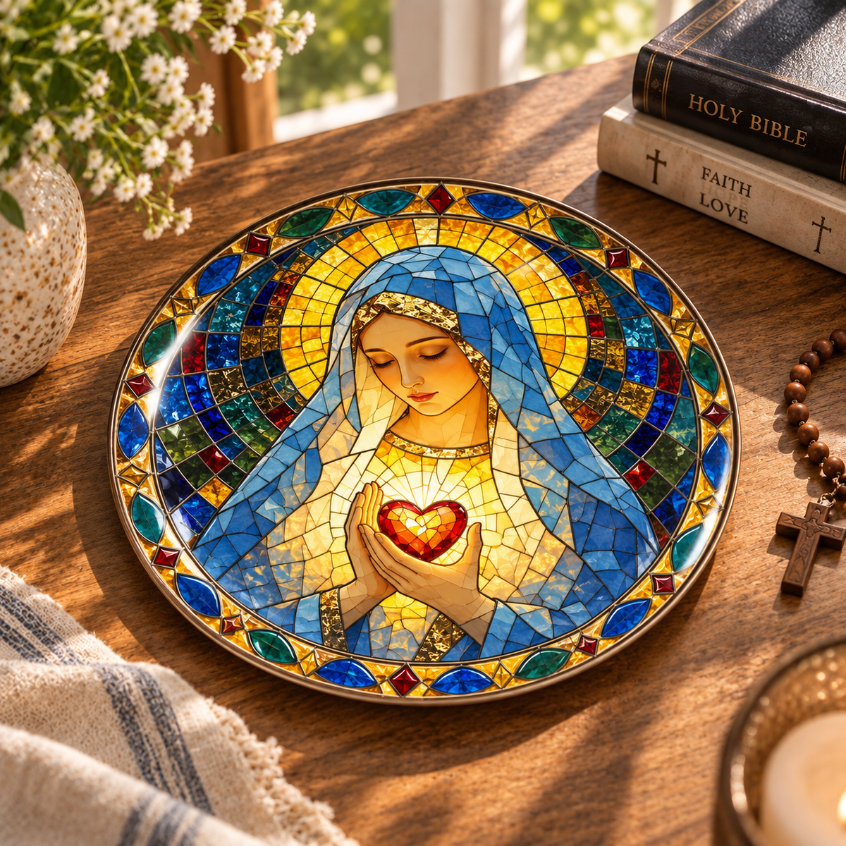 Immaculate Heart of Mary Stained Glass Plate, Sacred Heart Mother Mary Collector Plate