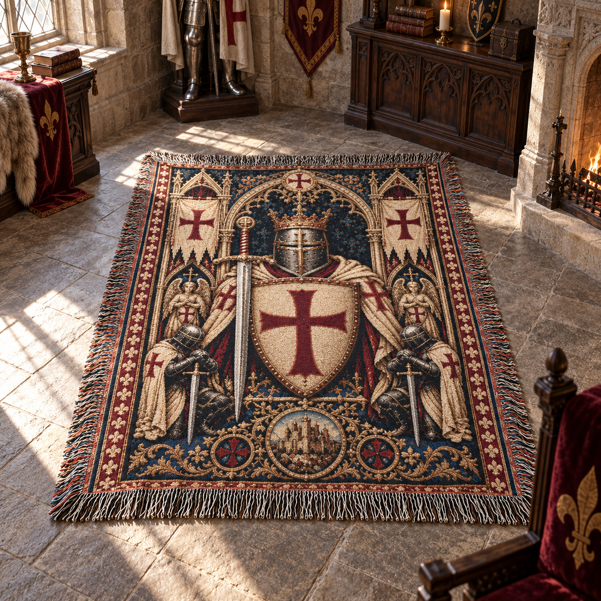 Knights Templar Heraldic Woven Blanket – Medieval Armor Throw, Gothic Templar Cross Blanket