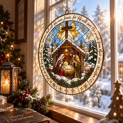 Matthew 1:21 Scripture Nativity Suncatcher | Christmas Window Decor, Christian Christmas Gift