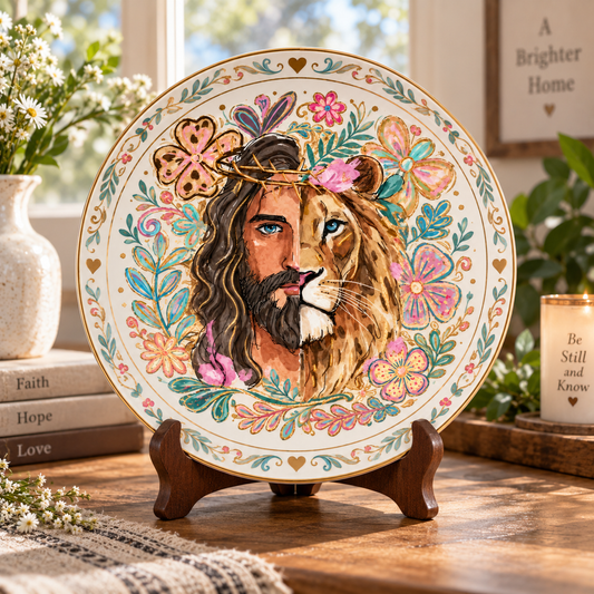 Jesus and Lion Ceramic Plate, Christian Religious Wall Art, Faith Decor