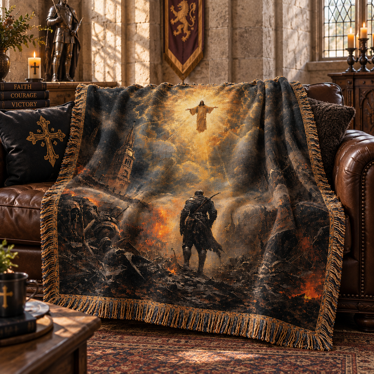 Medieval Knight & Divine Light Woven Blanket, Armor of God Knight Woven Tapestry Throw – Christian Warrior Gift