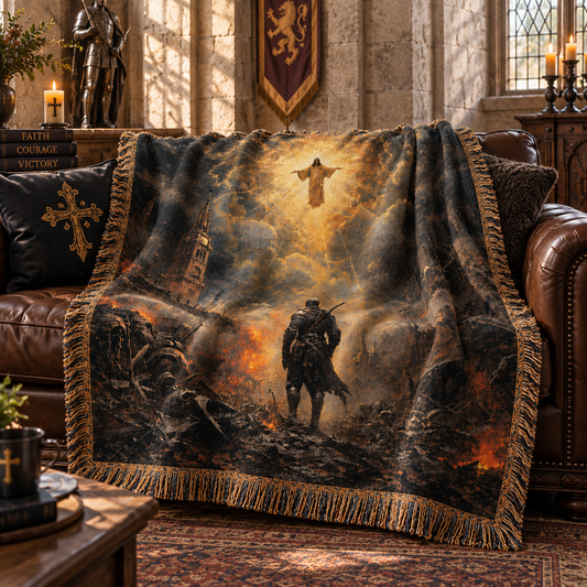 Medieval Knight & Divine Light Woven Blanket, Armor of God Knight Woven Tapestry Throw – Christian Warrior Gift