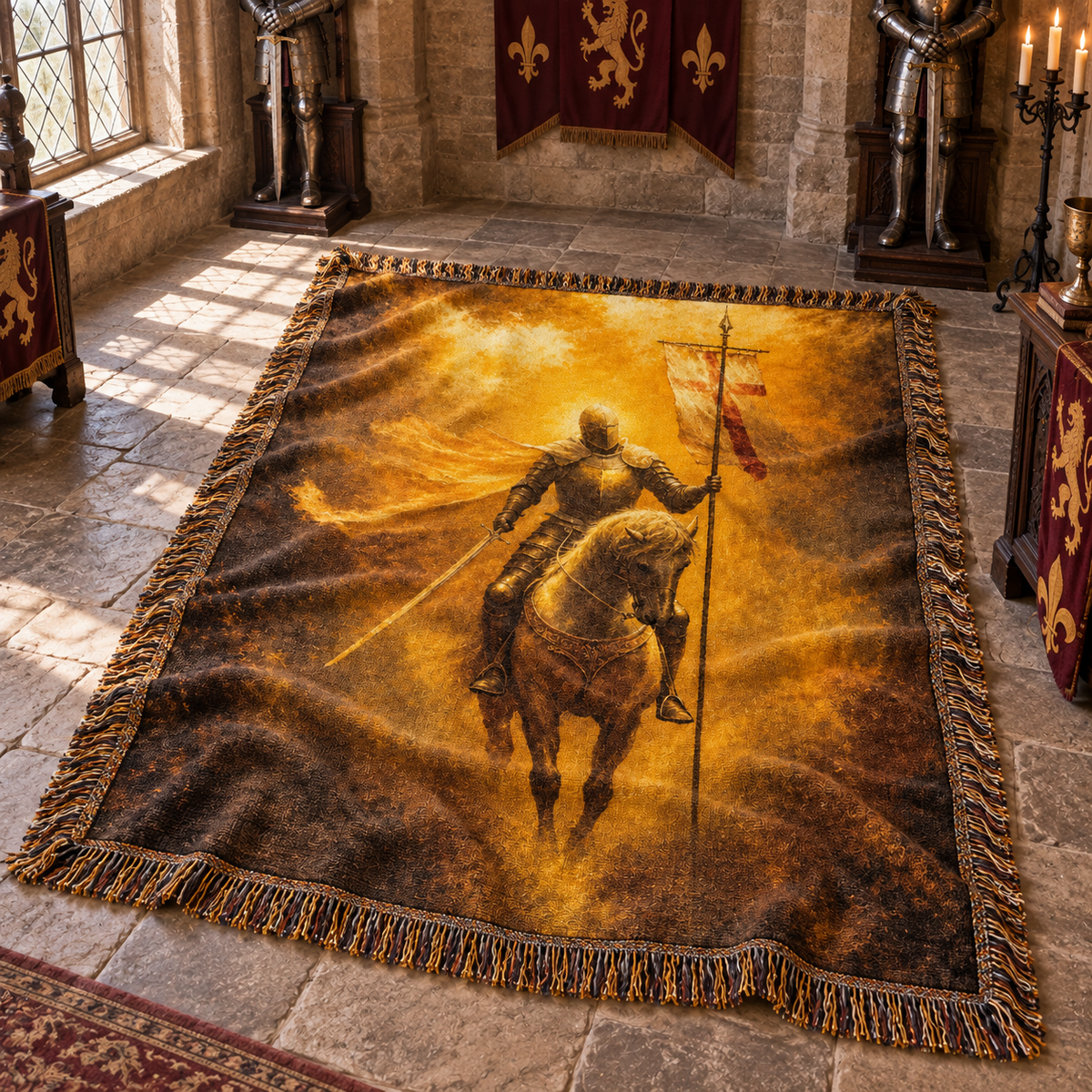 Golden Crusader Knight Woven Blanket, Medieval Knight on Horseback Woven Blanket | Templar Crusader Throw