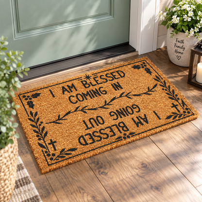 I Am Blessed Coming In & Going Out Doormat – Christian Coir Mat, Religious Porch Welcome Mat