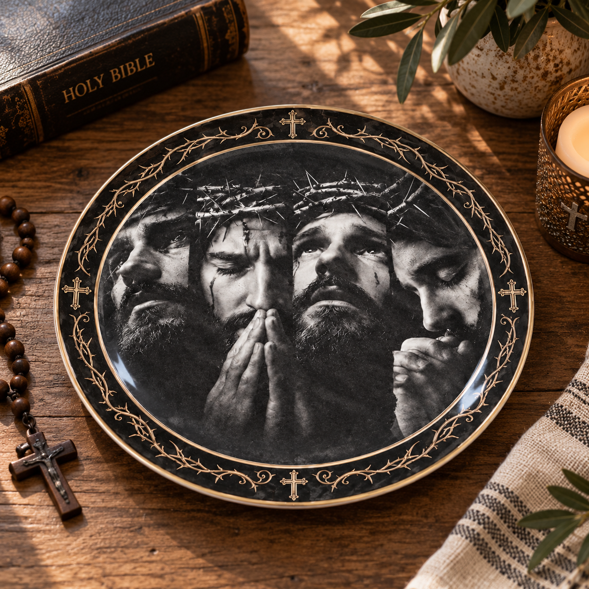 Jesus Crown of Thorns Decorative Plate, Christian Faith Wall Decor, Jesus Christ Prayer Artwork, Religious Home Decoration, Christian Gift