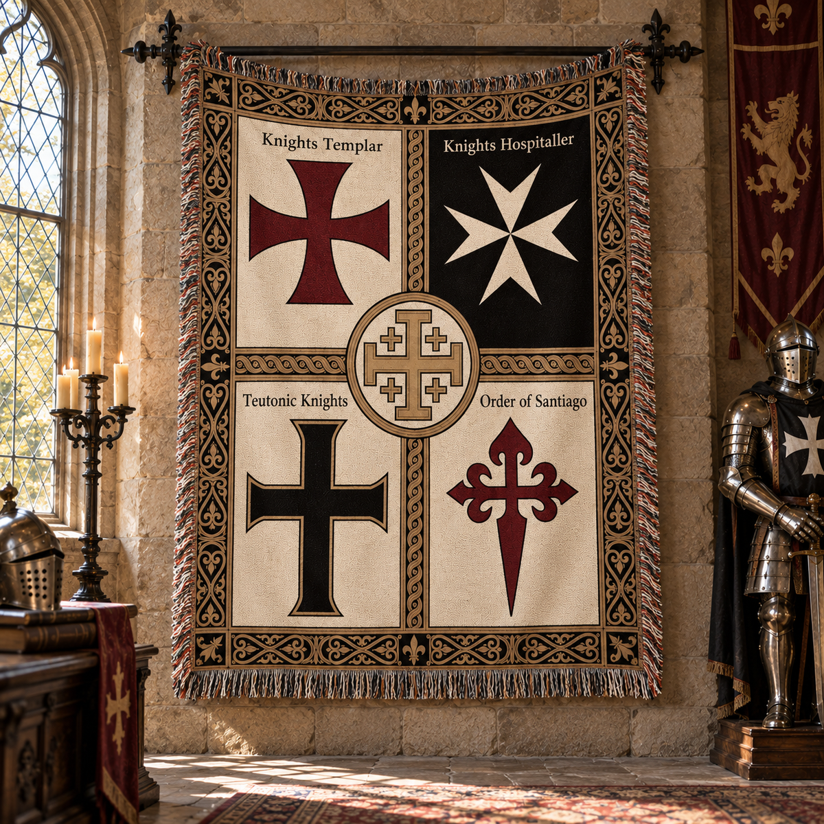 Medieval Crusader Orders Woven Blanket, Knights Templar & Crusader Orders Blanket, Medieval History Gift