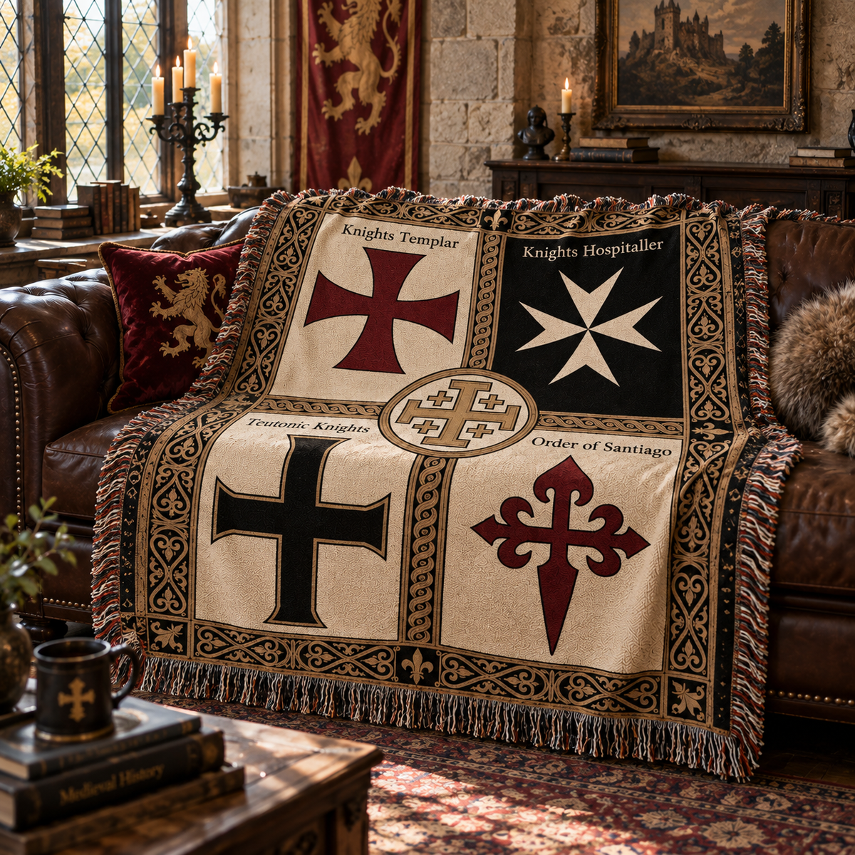 Medieval Crusader Orders Woven Blanket, Knights Templar & Crusader Orders Blanket, Medieval History Gift