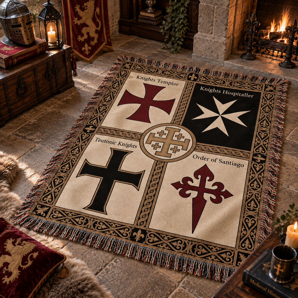 Medieval Crusader Orders Woven Blanket, Knights Templar & Crusader Orders Blanket, Medieval History Gift